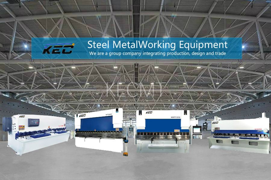 KEC steel metalworking equipment line-up with press brakes and a shearing machine in the exhibition hall